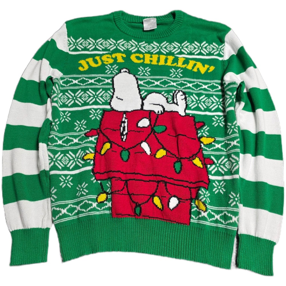 Peanuts Snoopy Just Chillin Ugly Christmas Sweater Men's Size L‎ Green Striped
